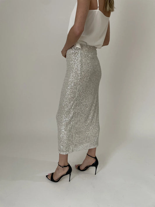 Joy Pencil Sequin Skirt in Silver