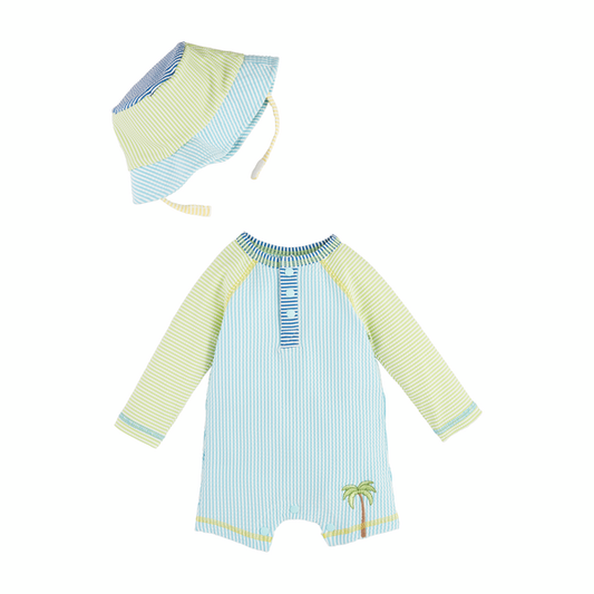 Kids Seersucker Rashguard One Piece & Hat Set